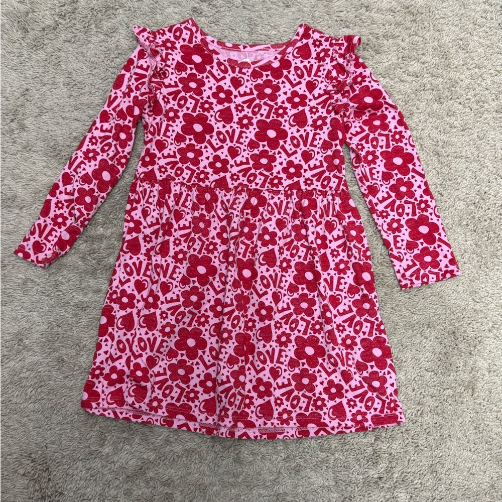 Girls 4T Long-Sleeve “Love” Dress – Pink & Red Floral Print